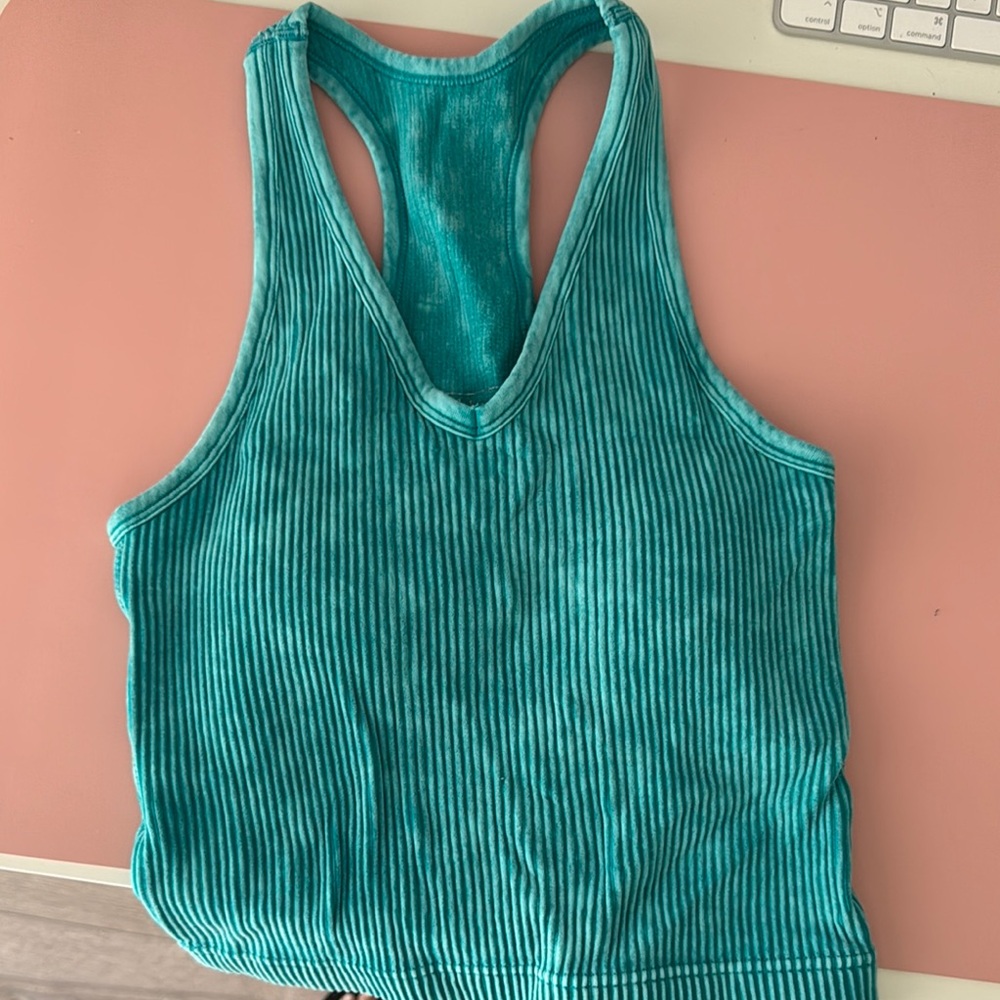 Green Ribbed Sleeveless Crop Sports Bra